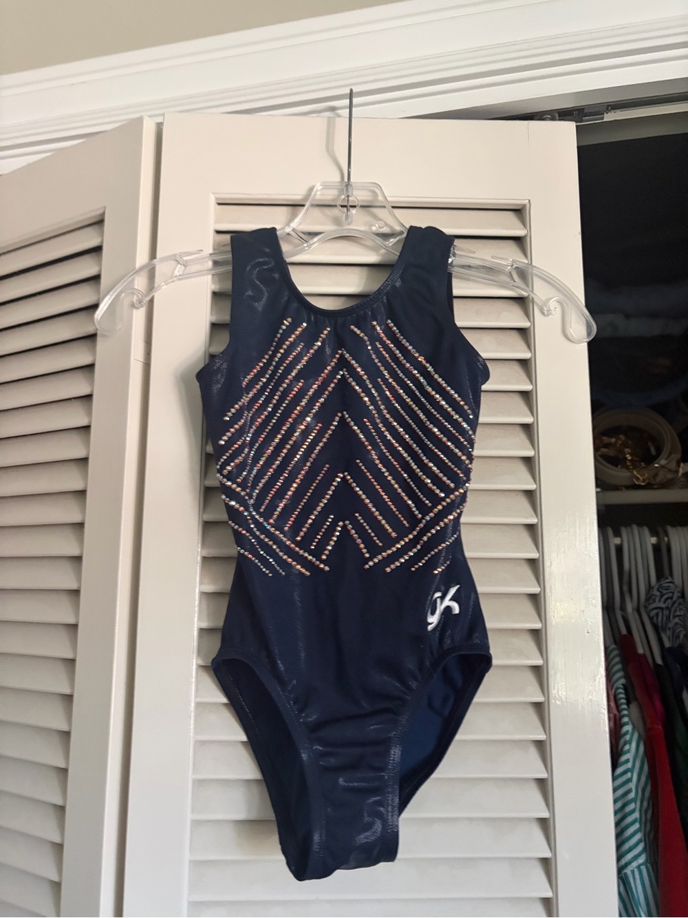 GK Navy Blue Girls Leotard with Pink Rhinestone Chevron Accents